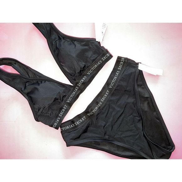 NWT Victoria's Secret M BIKINI M,L high-waist bottom BLACK gray VS logo - Picture 2 of 4